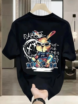 Tarz Yeri Erkek T-Shirt Tavşan Baskılı Kısa Kollu Tişört - Siyah