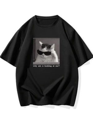Tarz Yeri Erkek T-Shirt Komik Kedi Baskılı Kısa Kol Tişört - Siyah