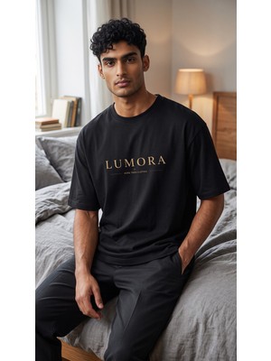 Lumora Store %100 Pamuk Logo Baskılı Erkek Oversize Tişört Siyah