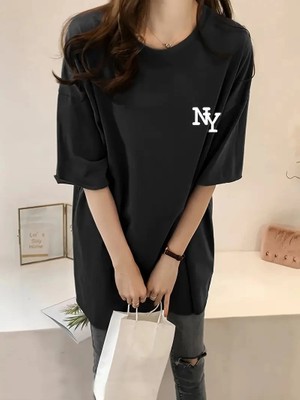 Tarz Yeri Kadın T-Shirt Bisiklet Yaka  Ny Baskılı Kısa Kol Tişört - Siyah