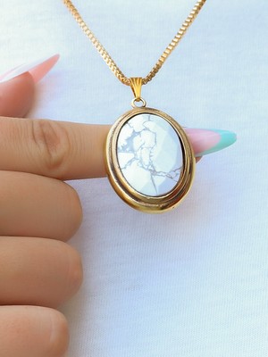 Esha Store Doğal Taş Havlit Doğaş Taşlı Kadın Oval Kolye EUK53HLT