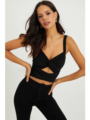 TeknoKapsül Cool & Sexy Kadın Siyah Önü Büzgülü Crop Bluz B189