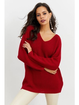TeknoKapsül Cool & Sexy Kadın Bordo V Yaka Salaş Triko Tunik SMT158