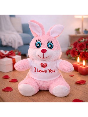 Renas Store I Love You Tişörtlü Sevimli Pembe Peluş Tavşan