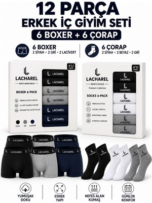Tarz Yeri Erkek 12'li Iç Giyim Seti Pamuklu 6 Boxer 6 Çorap Çoklu Paket - Siyah - Lacivert - Gri - Beyaz