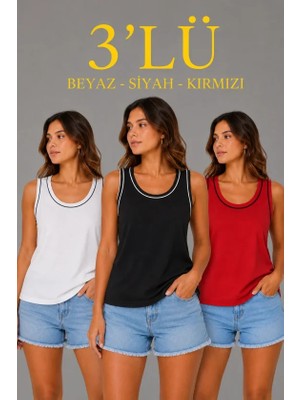 Trend Cojans 3 Lü Kolsuz Sporcu Atlet Seti Yazlık Bisiklet Yakalı - Beyaz, Siyah, Kırmızı