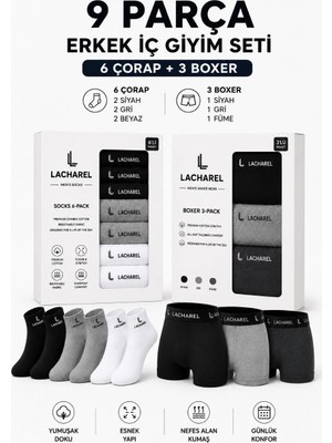 Tarz Yeri Erkek 9'lu Iç Giyim Seti Pamuklu 3 Boxer 6 Çorap Çoklu Paket - Siyah - Füme - Gri - Beyaz
