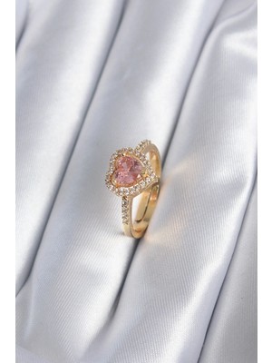 Uravas Store Mey Ithalat® Pirinç Gold Renk Pembe Zirkon Taş Kalp Charm Model Kadın Yüzük