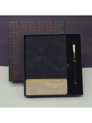 Renas Store Öğretmenler Günü Özel Siyah Deri Defter ve Metal Roller Kalem Hediye Seti