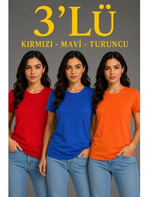 Trend Cojans 3 Lü Kısa Kollu Bisiklet Yaka Basic Slim Fit T-Shirt - Kırmızı - Mavi - Turuncu