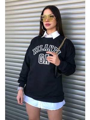 TeknoKapsül Modagen Kadın Bisiklet Yaka Siyah Beyaz Atlanta Baskılı Oversize Sweatshirt