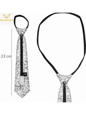 Uravas Store Mey Ithalat® Gümüş Renk Pul Payetli Işıltılı Parti Kravatı 33 cm