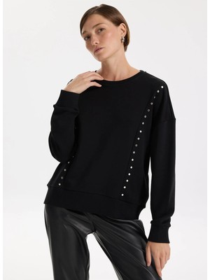 Fabrika Bisiklet Yaka Taşlı Siyah Kadın Sweatshırt F5WL-SWT0038