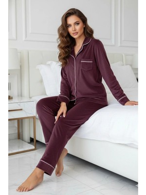 Pijamask Kadın Kadife Boydan Düğmeli Şerit Detaylı 2'li Pijama Takım
