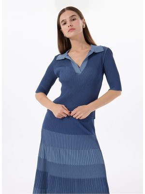 Fabrika Polo Yaka Dar Piliseli Mavi Kazak Kadın F5SL-KZK0248-K