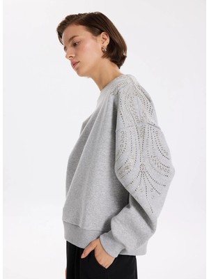 Fabrika Bisiklet Yaka Taşlı Gri Melanj Kadın Sweatshırt F5WL-SWT0035