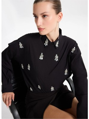 Fabrika Oversize Gömlek Yaka Taşlı Siyah Kadın Gömlek F5WL-GML0101