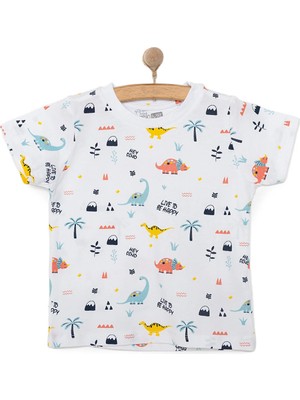 TeknoKapsül Ebebek Hello Baby Hellobaby Erkek Bebek Basic Tişört Dinozor Desenli Bisiklet Yaka Kısa Kol Beyaz