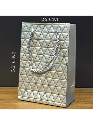 Renas Store Gümüş Geometrik Desenli Büyük Boy Karton Hediye Çantası
