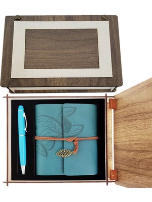 Renas Store Özel Ahşap Kutulu Mavi Deri Defter ve Kalem Set
