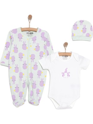 TeknoKapsül Ebebek Hello Baby Hellobaby Yenidoğan Bebek Mor Tavşantulum-Body-Şapka 3lü Set Unisex