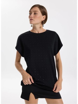 Fabrika Bisiklet Yaka Taşlı Siyah Kadın T-Shirt F5WL-TST0247