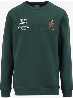 Discovery Expedition D4WM-SWT3283 Koyu Yeşil Bisiklet Yaka Relaxed Baskılı Erkek Sweatshırt