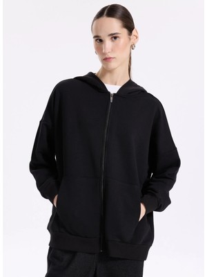 Fabrika Siyah Kadın Kapüşonlu Geniş Fit Düz Sweatshirt Tatam