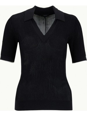 Fabrika Polo Yaka Slim Fit Düz Örgü Desenli Siyah Kazak Kadın F6SL-KZK0065