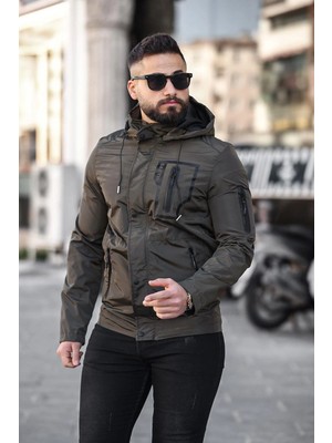 Doxger Bluff Erkek Slim Fit Kapüşonlu Mevsimlik Haki Mont – Su Itici Kumaş, Rüzgar Geçirmez, 3 Cepli, Fermuar + Çıtçıt Kapamalı