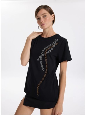 Fabrika Bisiklet Yaka Taşlı Siyah Kadın T-Shirt F5WL-TST0237