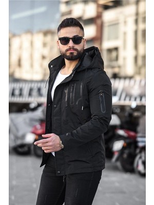 Doxger Bluff Erkek Slim Fit Kapüşonlu Mevsimlik Siyah Mont – Su Itici Kumaş, Rüzgar Geçirmez, 3 Cepli, Fermuar + Çıtçıt Kapamalı