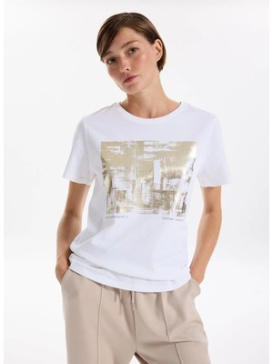 Fabrika Bisiklet Yaka Varaklı Beyaz Kadın T-Shirt F5WL-TST0238