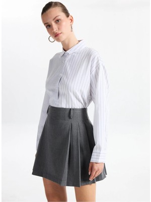 Fabrika Loose Fit Gömlek Yaka Çizgili Beyaz - Siyah Kadın Gömlek F5WL-GML0388