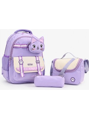 Wander Bag Kedi Desenli Su Geçirmez 3’lü Ilkokul Çantası Beslenme Çantalı Kalemlikli Ortopedik Okul Seti