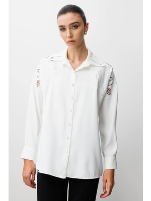 Moda İlgi Kadın Nakış Detaylı Oversize Gömlek 0095 Ekru
