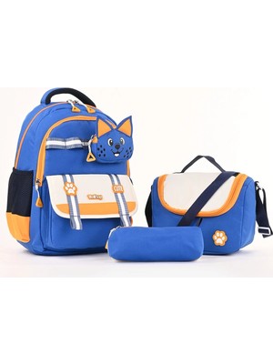 Wander Bag Kedi Desenli Su Geçirmez 3’lü Ilkokul Çantası Beslenme Çantalı Kalemlikli Ortopedik Okul Seti