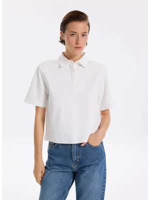 Fabrika Polo Yaka Düz Beyaz Kadın Bluz F5WL-TST0480