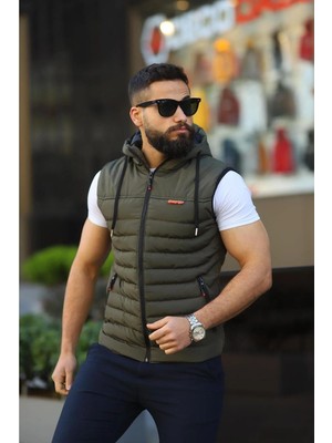Doxger Stormer Erkek Slim Kalıp Kapüşonlu Haki Yelek – Su ve Rüzgar Geçirmez, Mikrojel Elyaf Dolgulu, Polyester Astarlı 3 Cepli