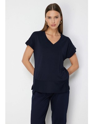 ON Kadın V Yaka Parçalı T-Shirt 71475 Lacivert