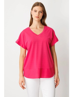 ON Kadın Büyük Beden V Yaka Parçalı T-Shirt 71476 Fuşya