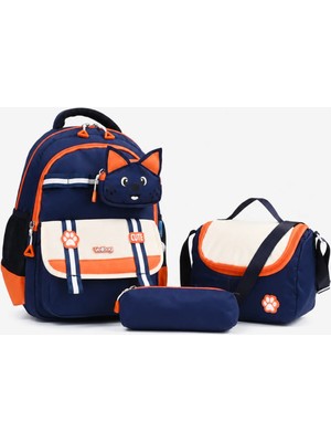 Wander Bag Kedi Desenli Su Geçirmez 3’lü Ilkokul Çantası Beslenme Çantalı Kalemlikli Ortopedik Okul Seti