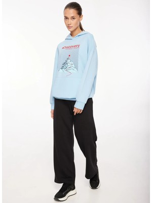 Discovery Expedition Mavi Kadın Kapüşon Yaka Oversize Baskılı Sweatshirt D3WL-SWT22