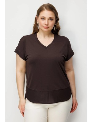 ON Kadın Büyük Beden V Yaka Parçalı T-Shirt 71476 Kahverengi