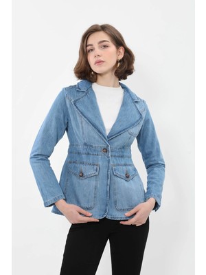 Banny Jeans Kadın Uzun Kollu Tek Düğmeli Jean Ceket Açık Mavi