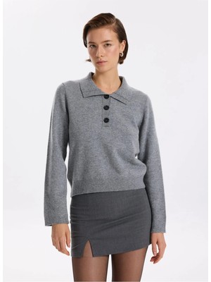 Fabrika Polo Yaka Dar Düz Gri Melanj Kazak Kadın F5WL-KZK0023