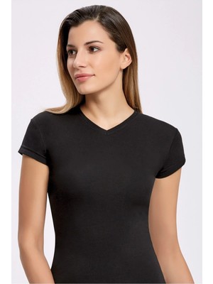 İlke İç Giyim Kadın Likralı V Yaka Kadın T-Shirt  5 Adet Siyah