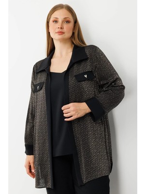 Moda İlgi Kadın Büyük Beden Cep Kapaklı Desenli Ikili Takım 0303 Siyah