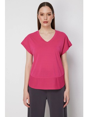 ON Kadın V Yaka Parçalı T-Shirt 71475 Fuşya