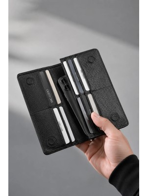 Wander Bag Hakiki Deri Erkek Telefonluklu Cüzdan Büyük Boy Kartlıklı Çok Bölmeli El Cüzdanı Siyah